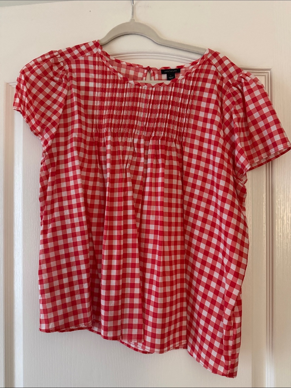 Ann Taylor Red and White Gingham Short-Sleeve Blouse